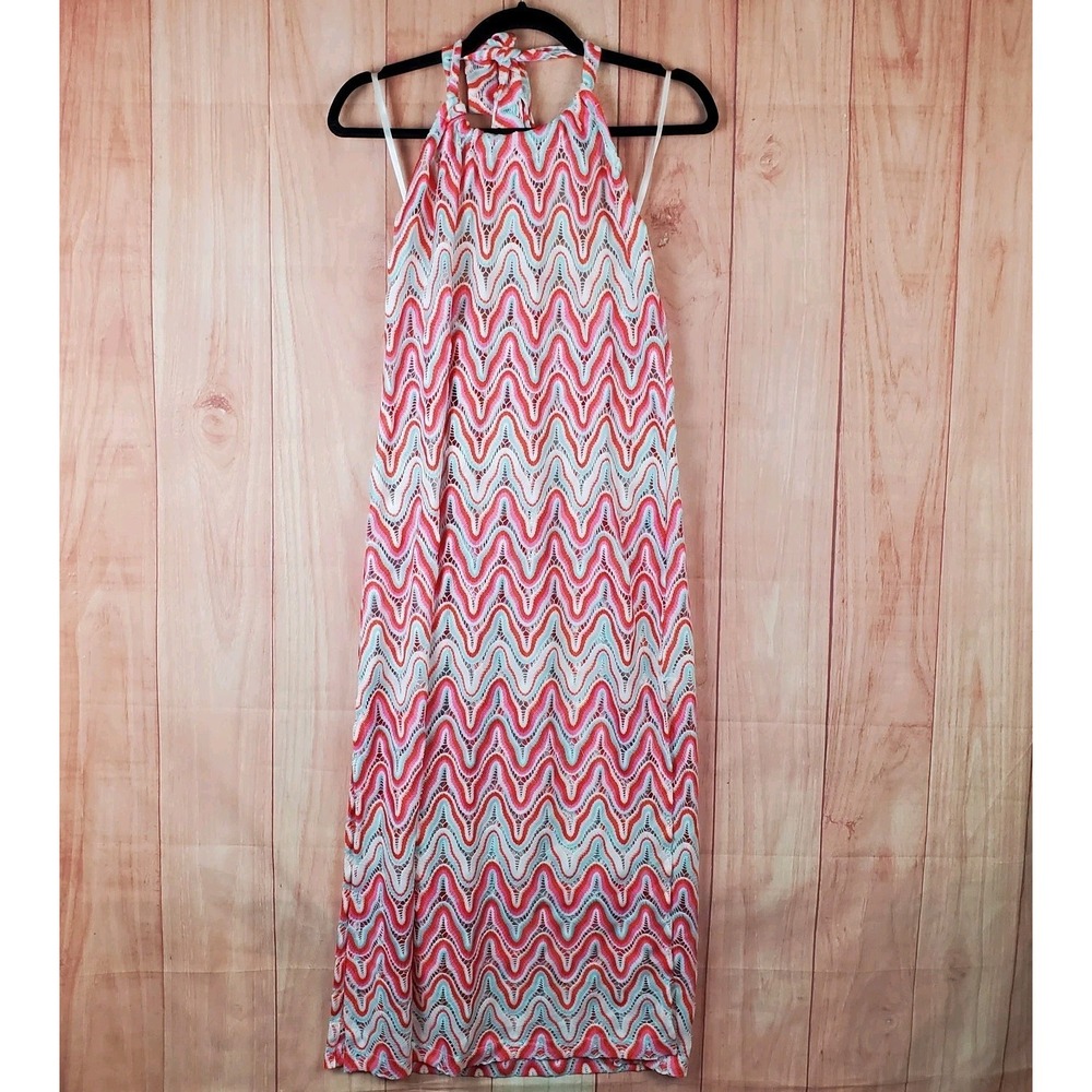 Trina Turk Serafina Crochet Maxi Cover Up Dress Womens Pink Zigzag Halter Neck